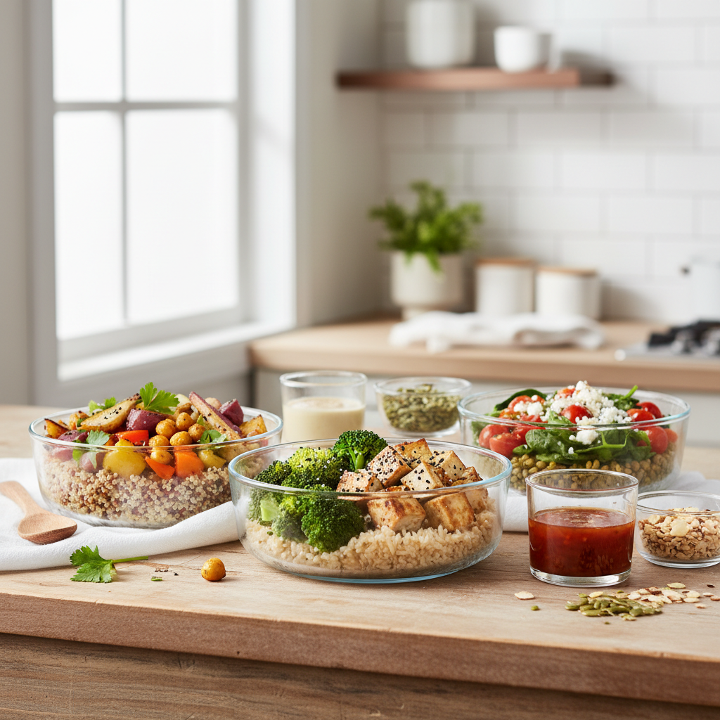 Vegetarian meal prep bowls with grains beans and roasted vegetables