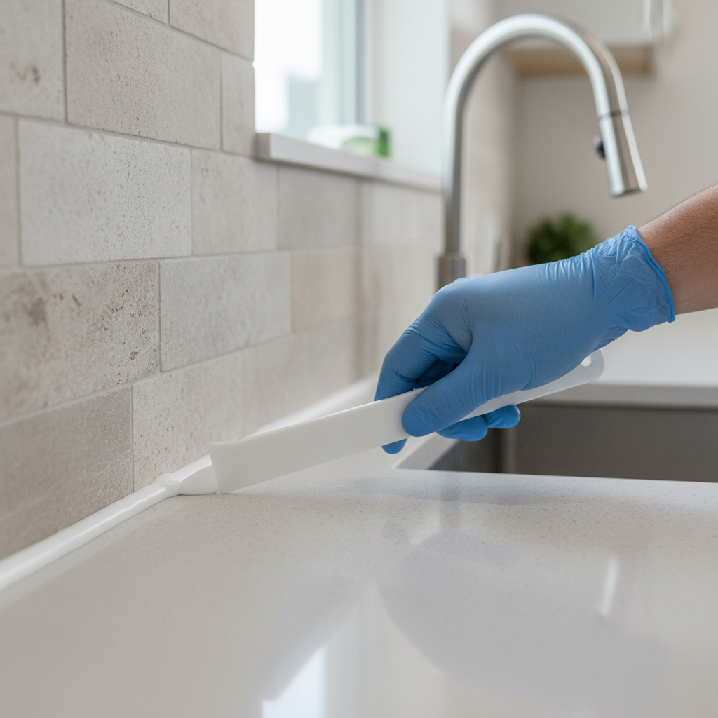 Tooling a fresh caulk bead to a smooth concave finish