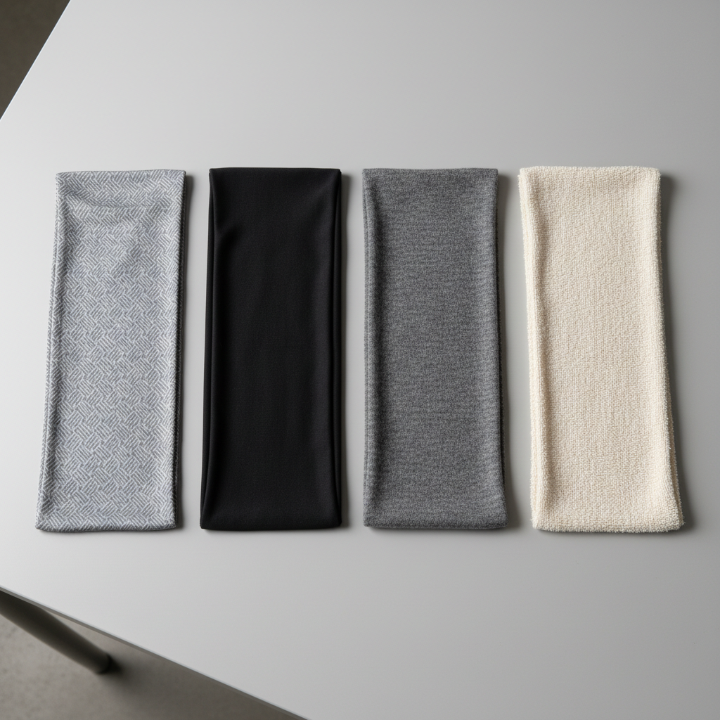 Close-up of different headband fabrics showing thin synthetic weave vs thicker cotton texture