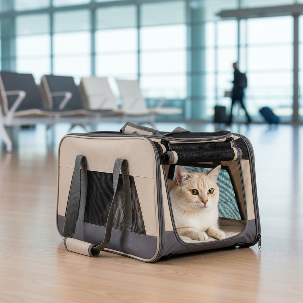 Cat sitting comfortably in a structured soft-sided travel bag at an airport gate