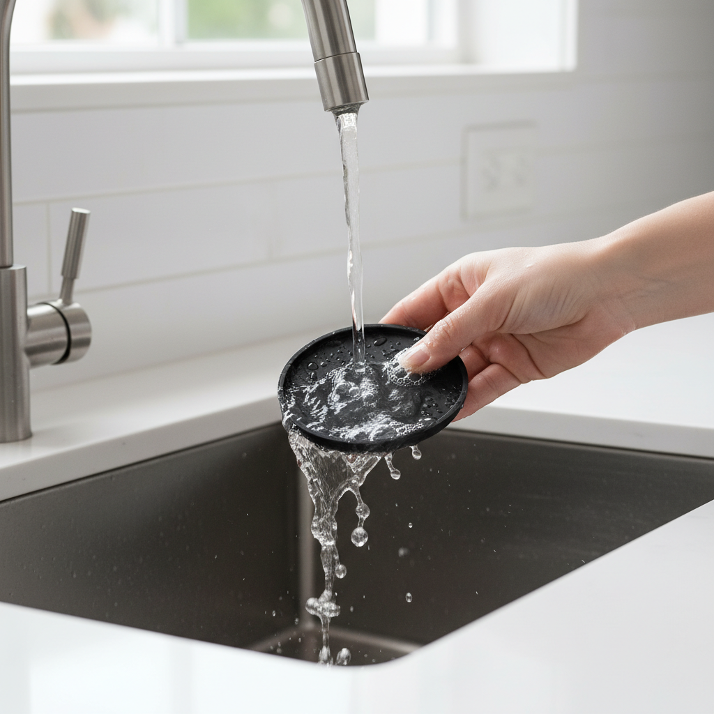 Cleaning a silicone car cup holder coaster under running water in a kitchen sink