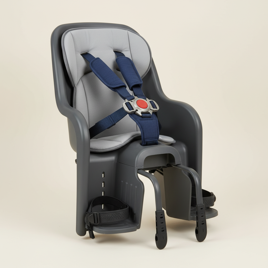 Close-up of toddler bike seat harness and foot straps showing safety features