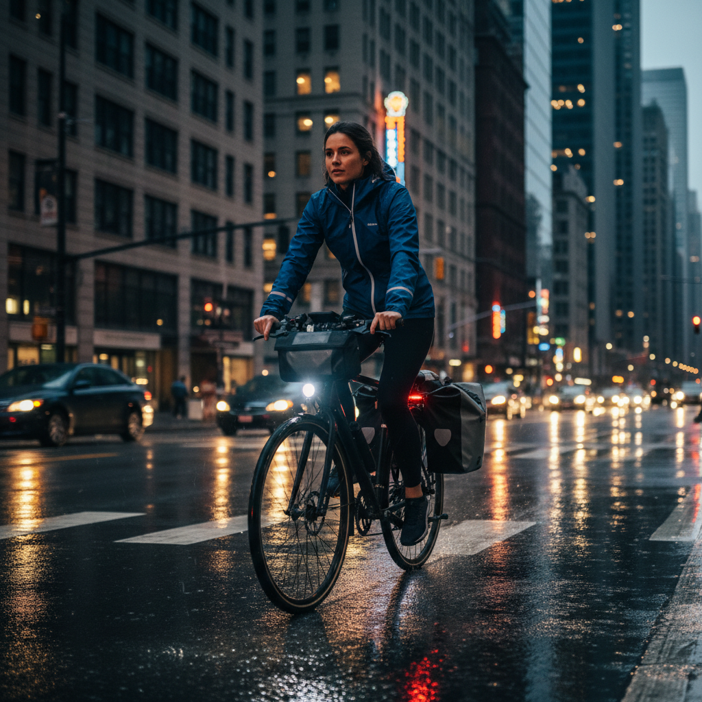 Woman commuter cyclist with bright bike lights and waterproof pannier riding in city at dusk