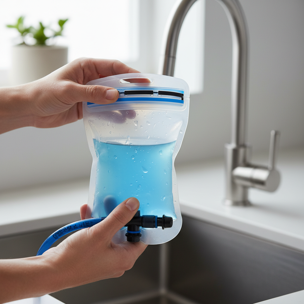 Close-up of hydration bladder seal and hose connection being checked to prevent leaks