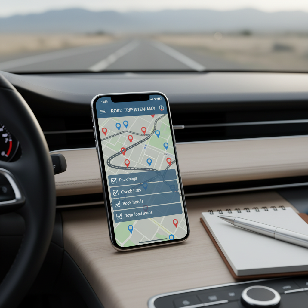 Road trip itinerary checklist on a phone with nearby scenic stop suggestions
