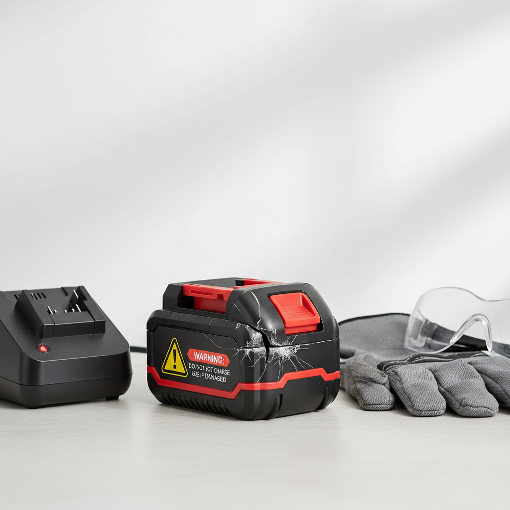 Lithium-ion drill battery safety inspection showing swollen damaged pack and charger