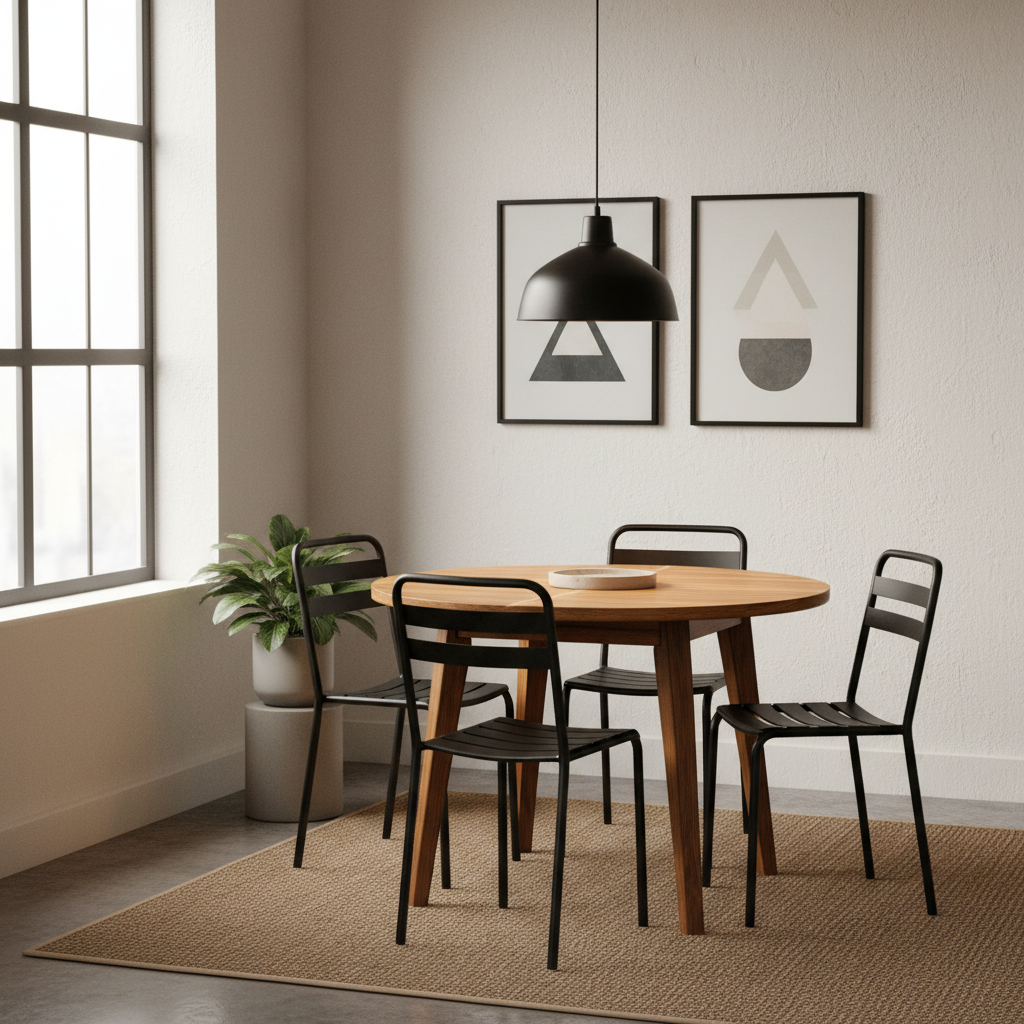 Industrial apartment dining nook with black bistro chairs and warm wood table