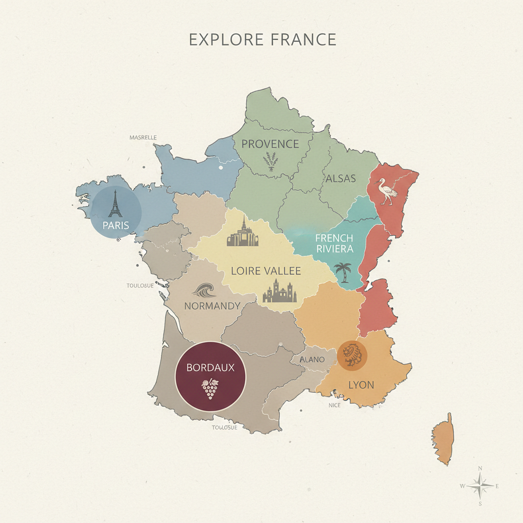Map-style overview of France regions for itinerary planning