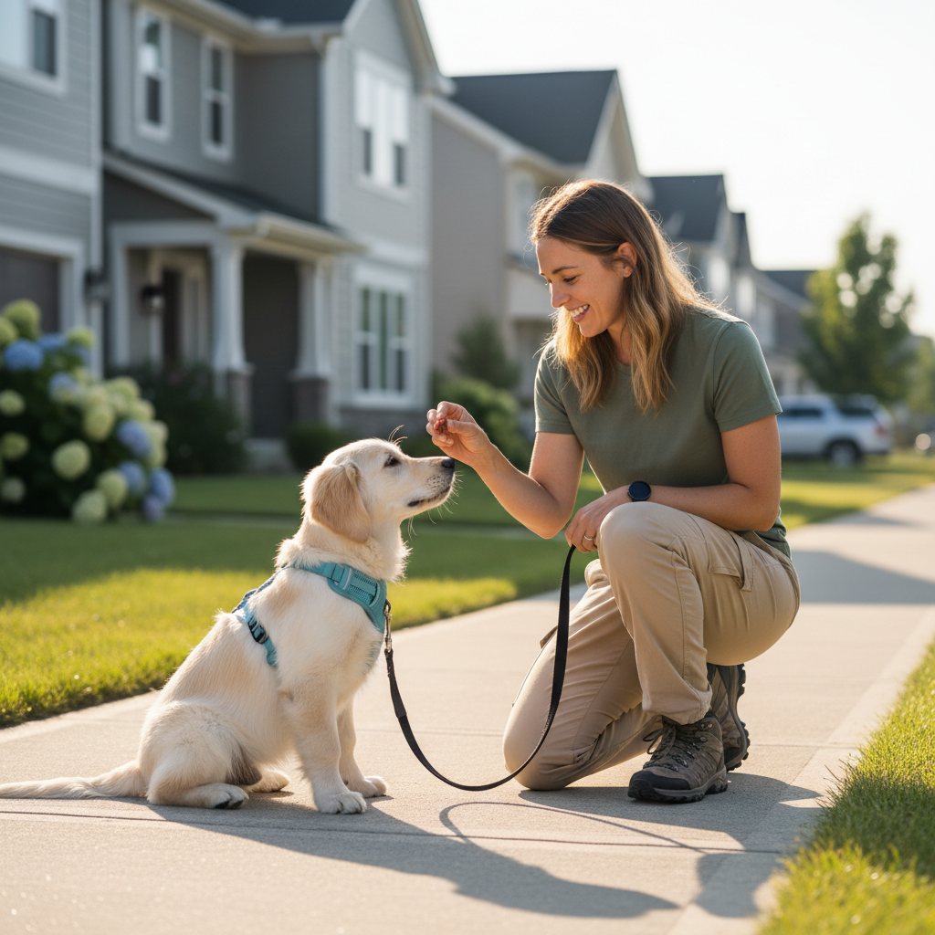Trainer rewarding a puppy for eye contact during loose leash training