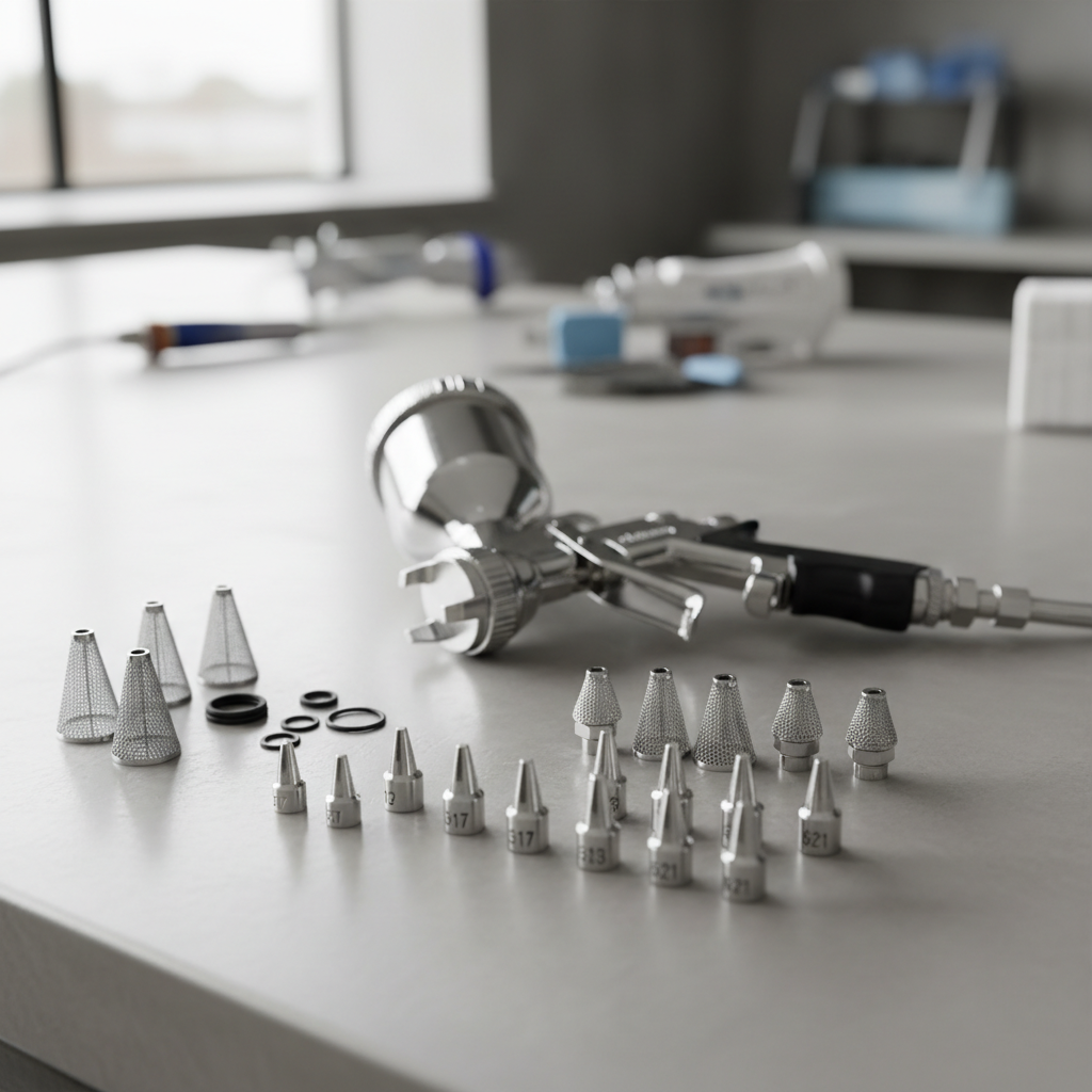 Close-up of paint sprayer tips and filters organized on a workbench