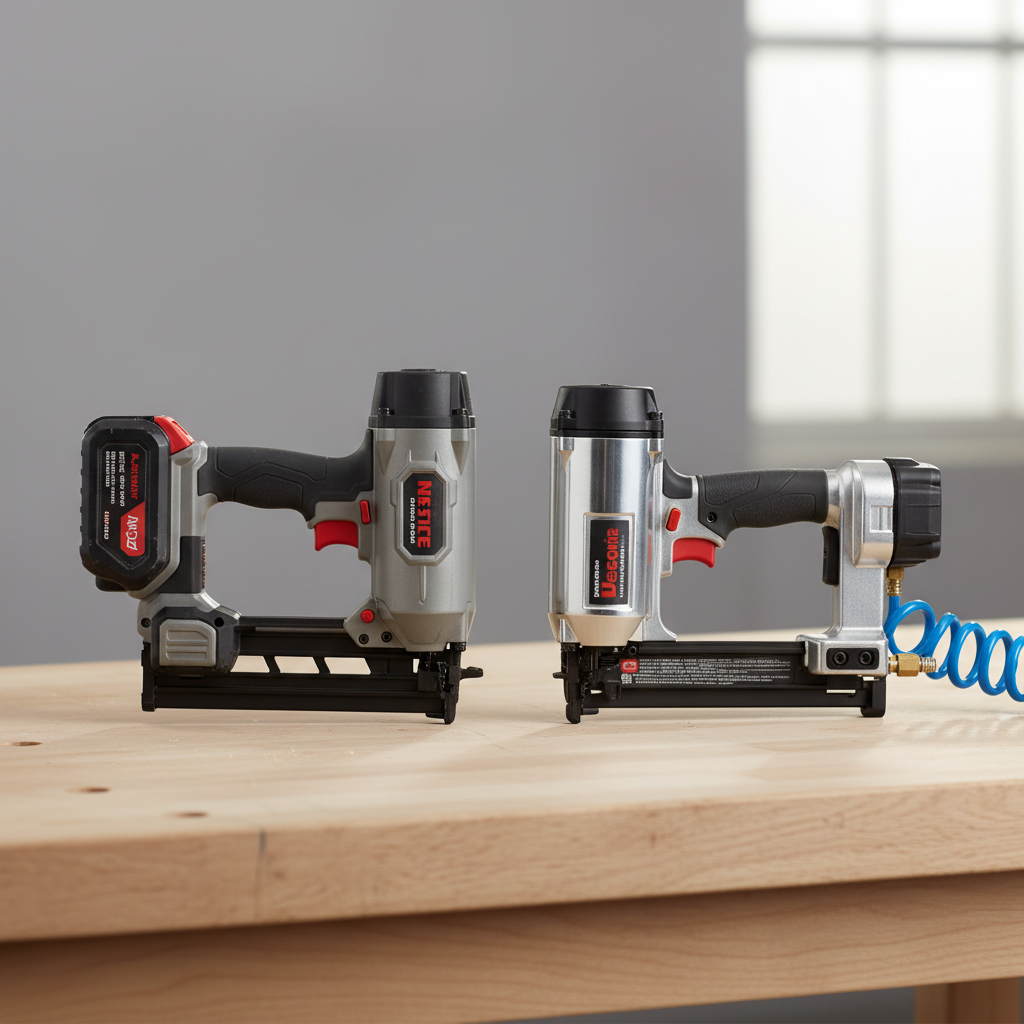Cordless brad nailer and pneumatic brad nailer comparison on workbench