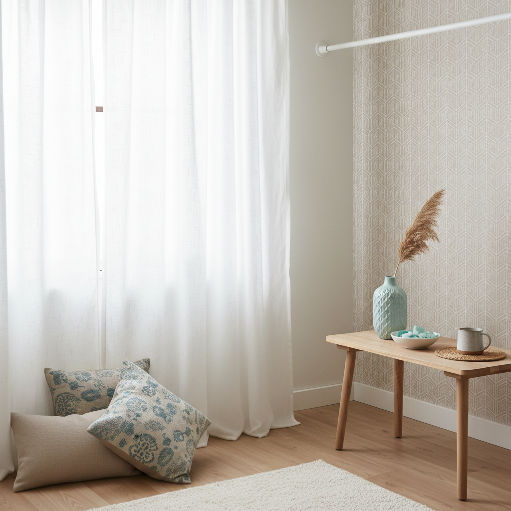 Renter-friendly summer apartment decor with peel-and-stick wallpaper and light curtains