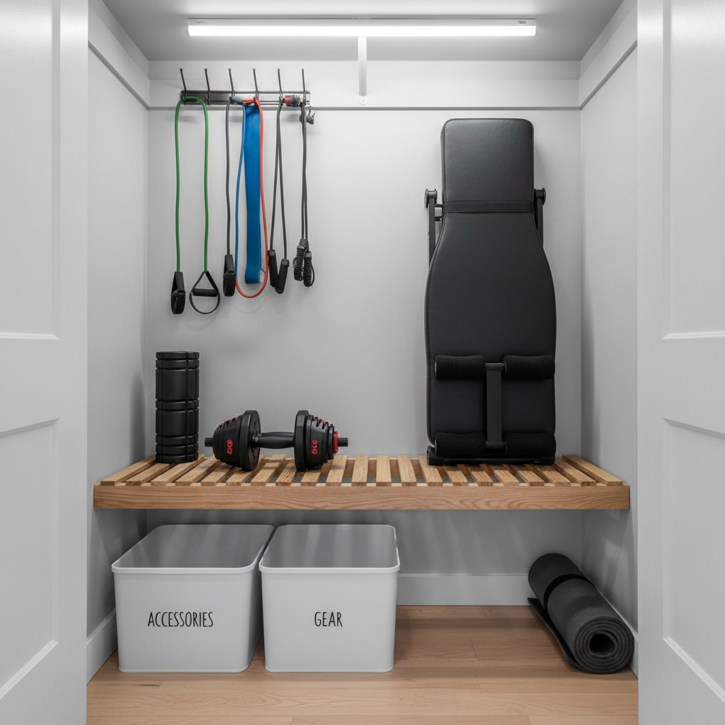 Foldable fitness equipment stored neatly in a small closet