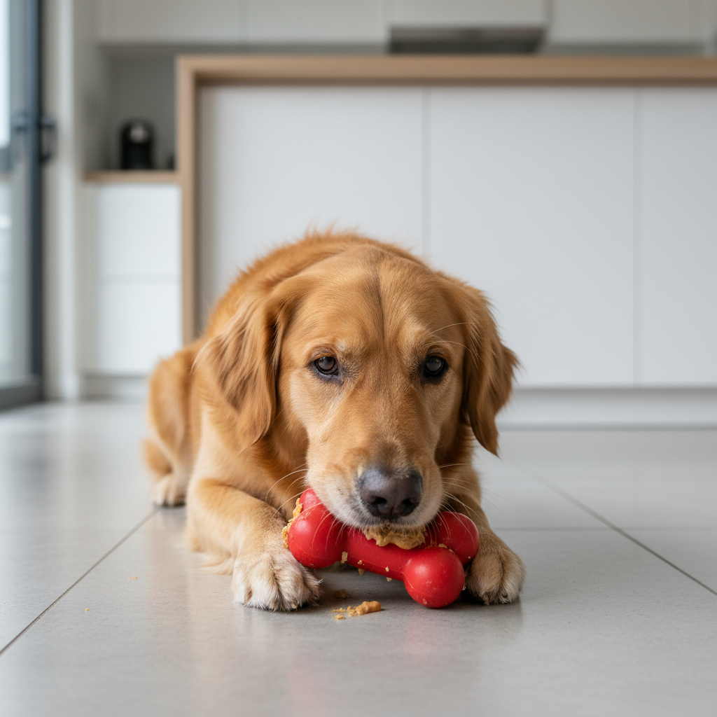 Dog enjoying a food-stuffed chew toy instead of chewing shoes
