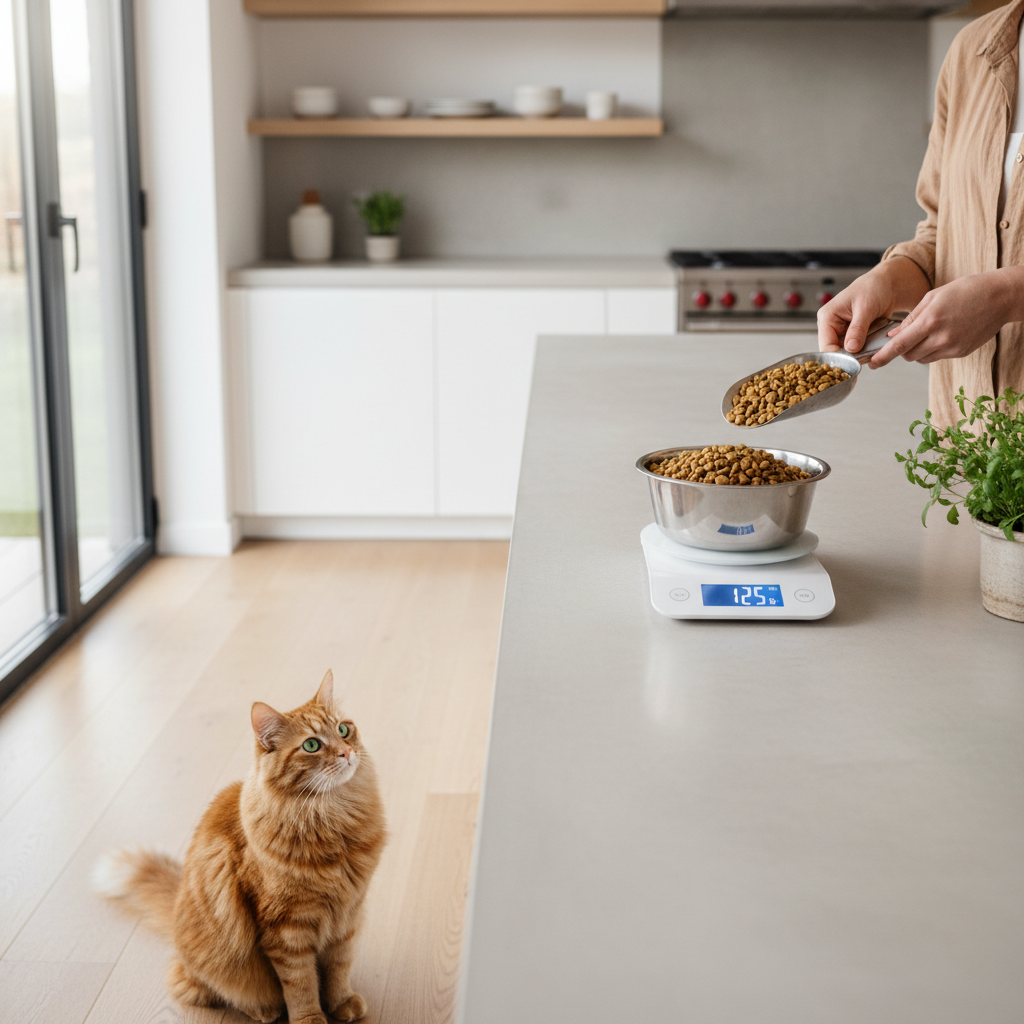 Owner measuring portioned cat food for weight management