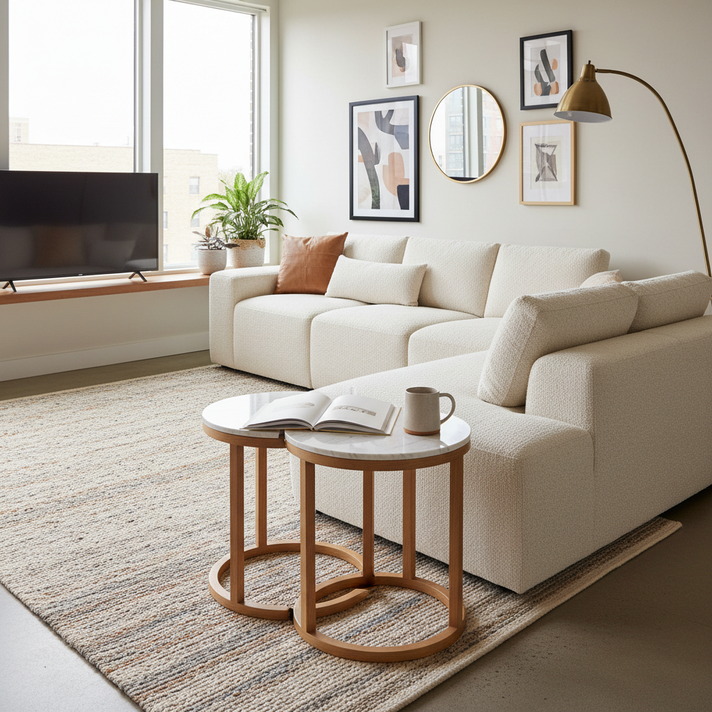 Nesting small side tables used in a compact apartment living room