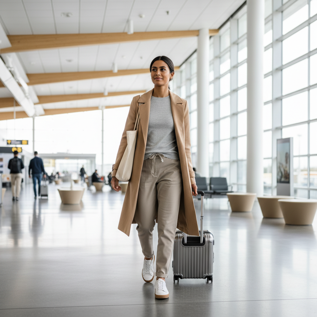 Travel athleisure outfit with joggers, long coat, and carry-on for styling gym clothes outside