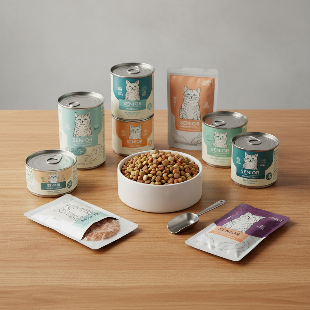 Assortment of wet and dry senior cat food options arranged on a table