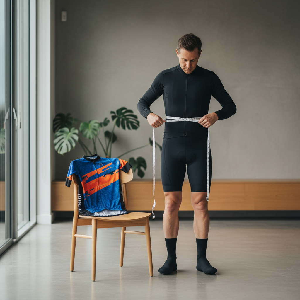 Cyclist measuring chest and waist for cycling jersey sizing
