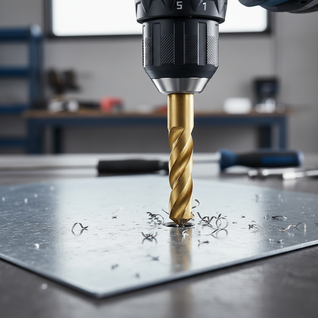 Step drill bit cutting a clean hole in thin sheet metal with a cordless drill