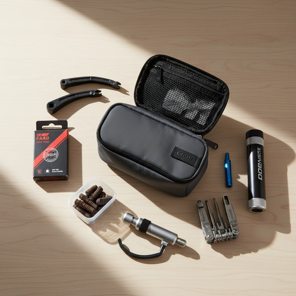 Portable bike tire repair kit laid out with patches, plugs, CO2 inflator, tire levers, and mini pump