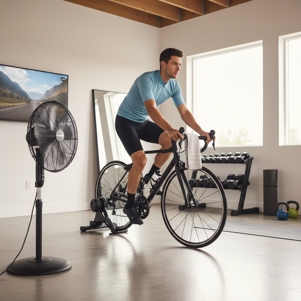 Cyclist on indoor trainer wearing padded cycling underwear under shorts