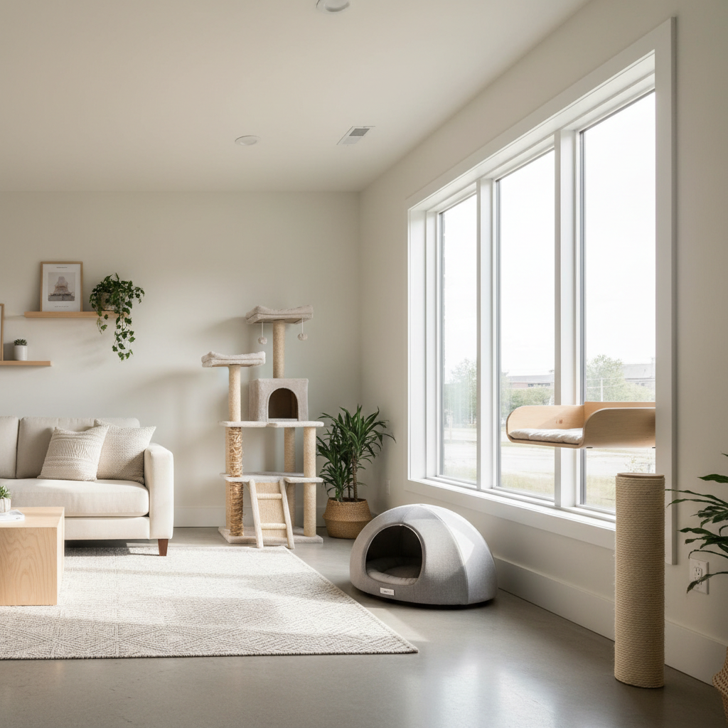 Cozy cat-safe room setup with a covered bed, scratching post, and vertical perch