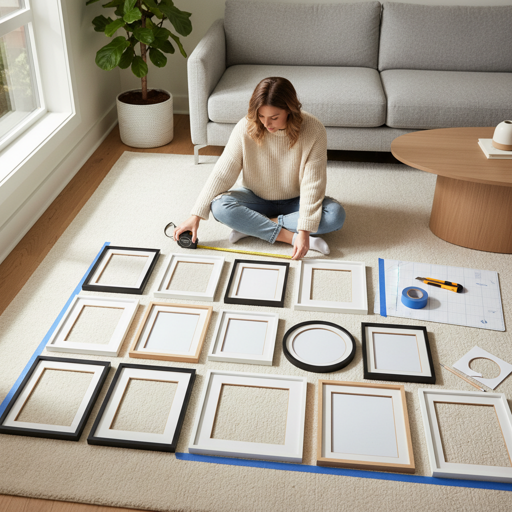 Gallery wall layout planned on the floor with frames and paper templates