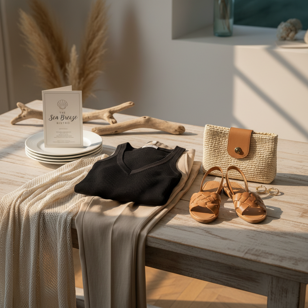 Beach vacation dinner outfit with linen pants, knit top, sandals, and minimal accessories