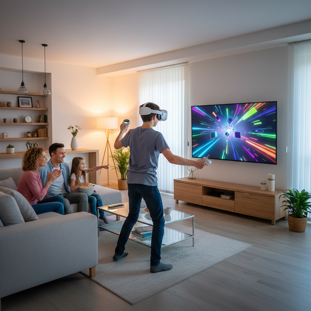 VR rhythm game session with family taking turns and casting to TV