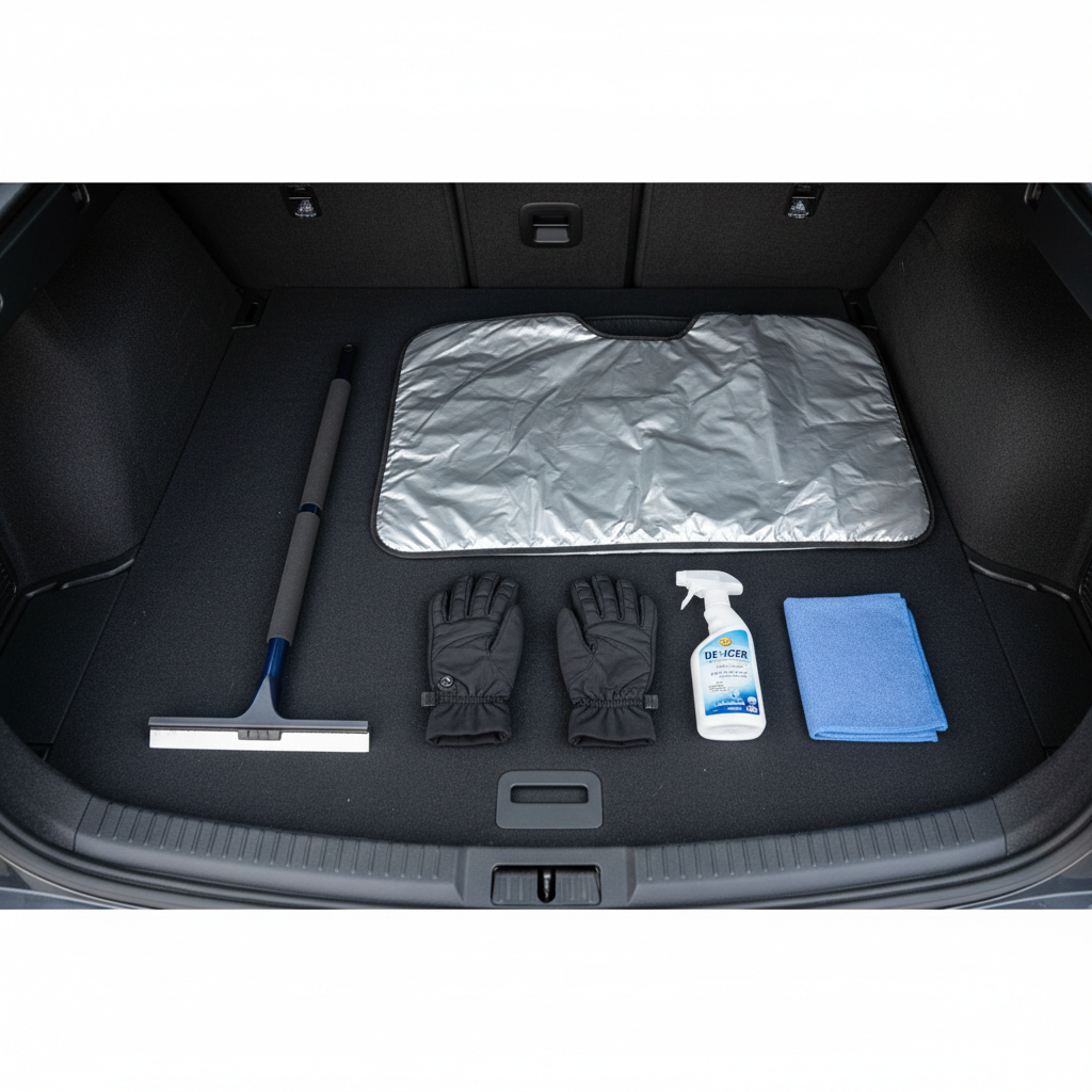 Winter car kit with ice scraper, brush, windshield cover, and de-icer spray organized in trunk