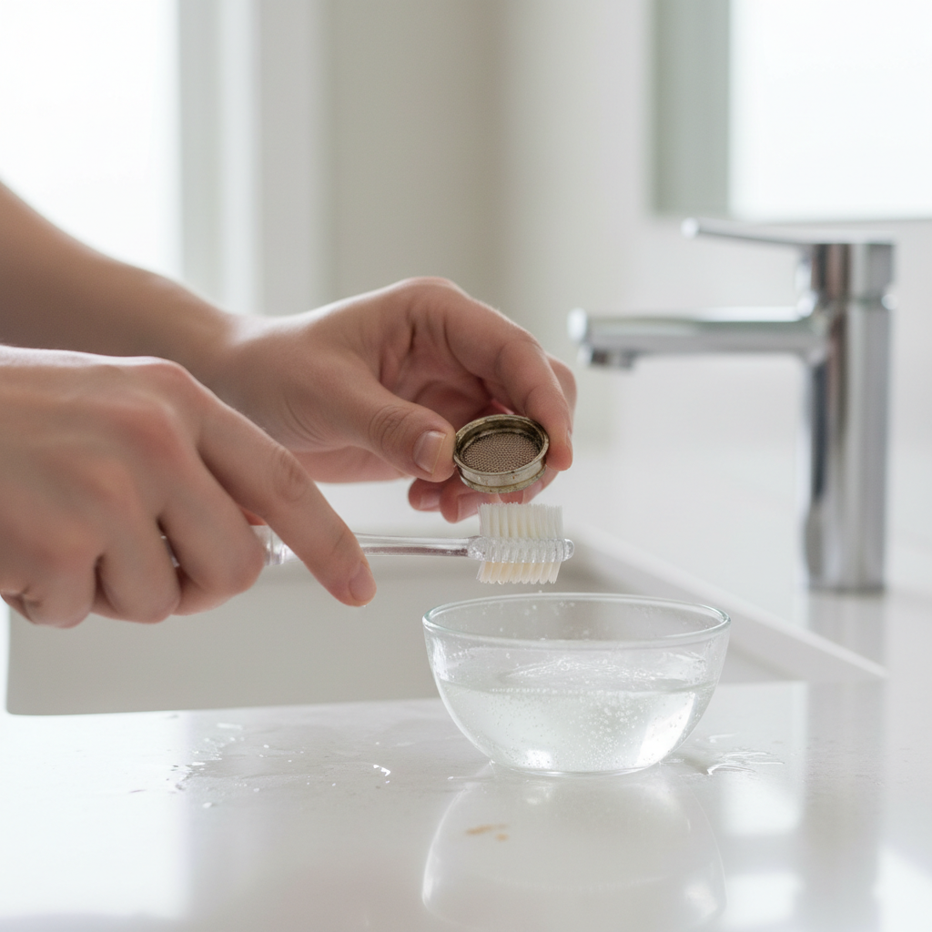 Cleaning a faucet aerator with a soft brush after descaling soak