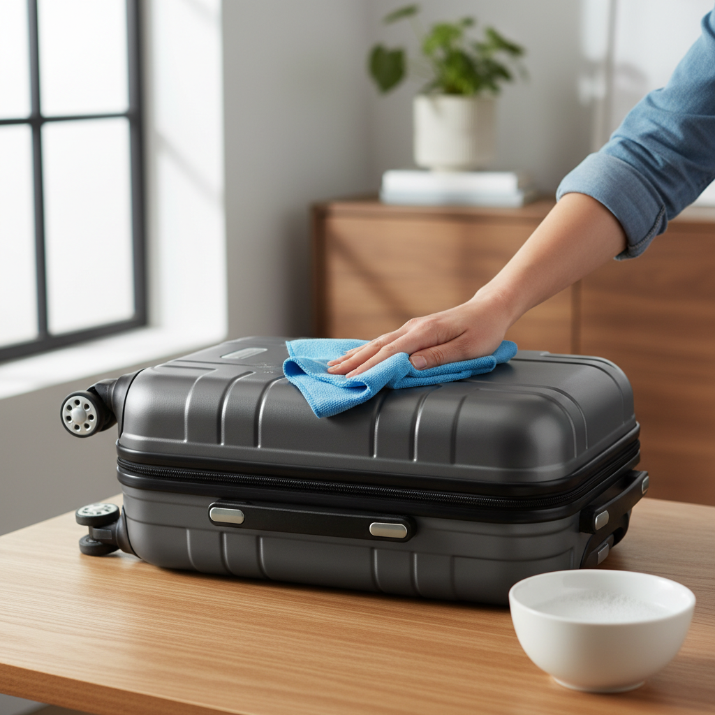 Wiping down a hard-shell suitcase to clean the exterior safely