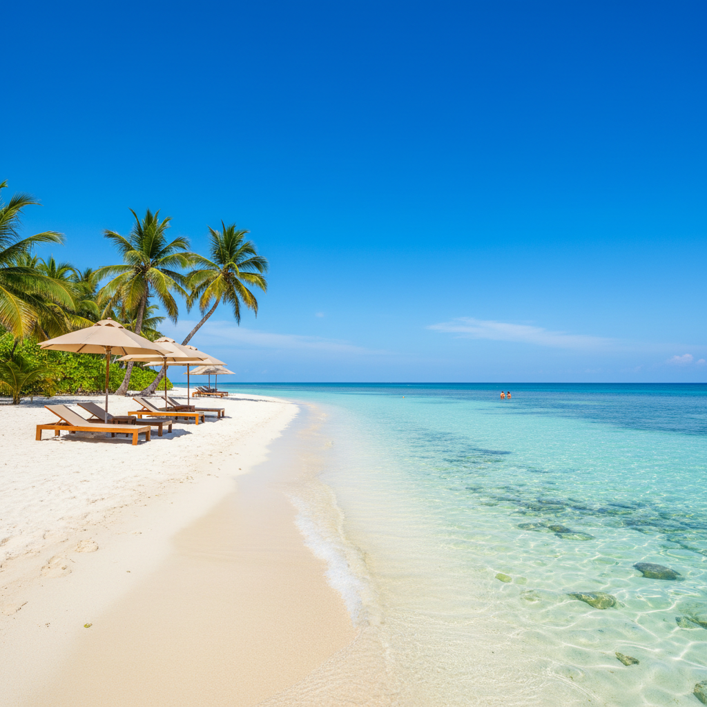 Peaceful tropical beach with clear water and lounge chairs