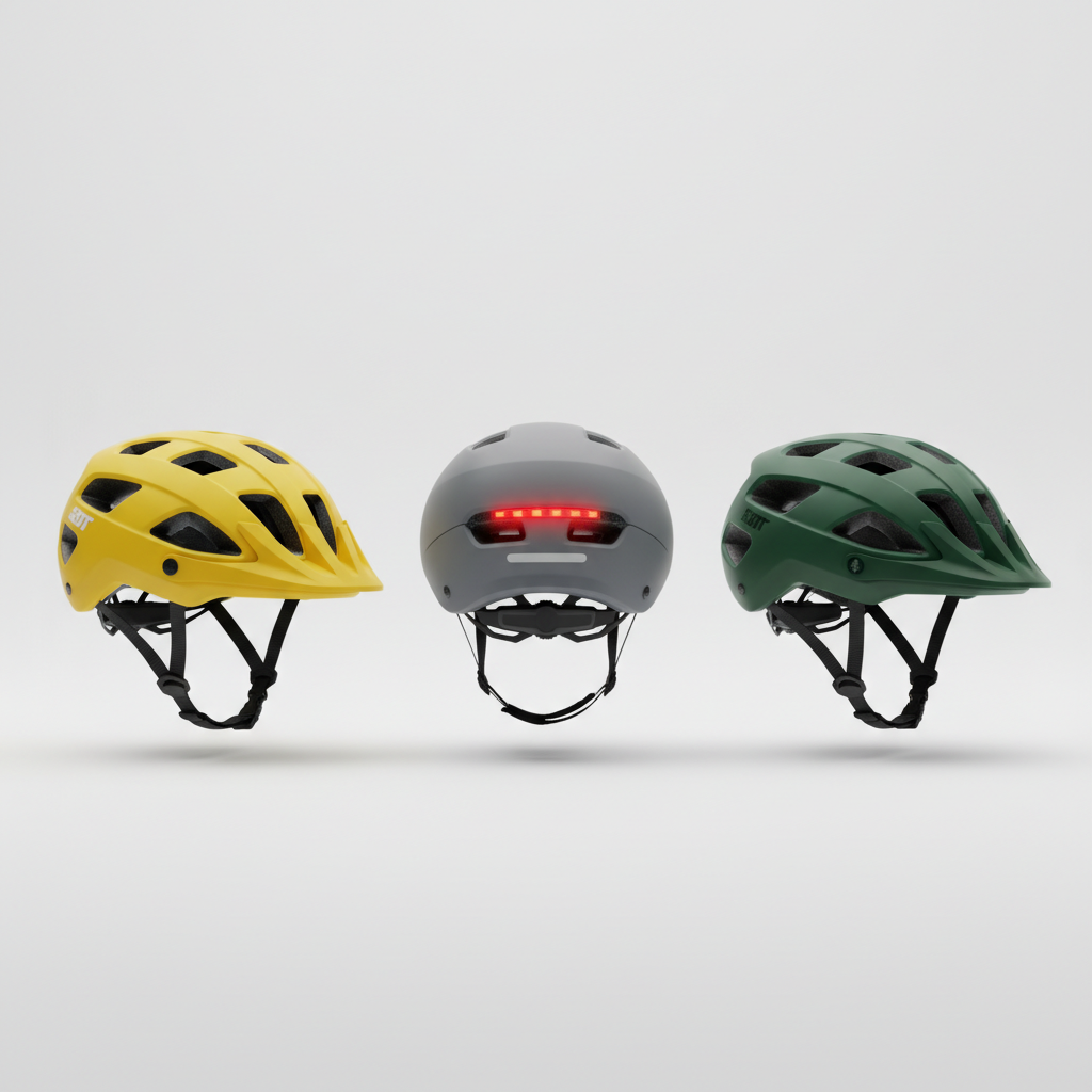 Different types of adult bike helmets: road, commuter, and mountain styles