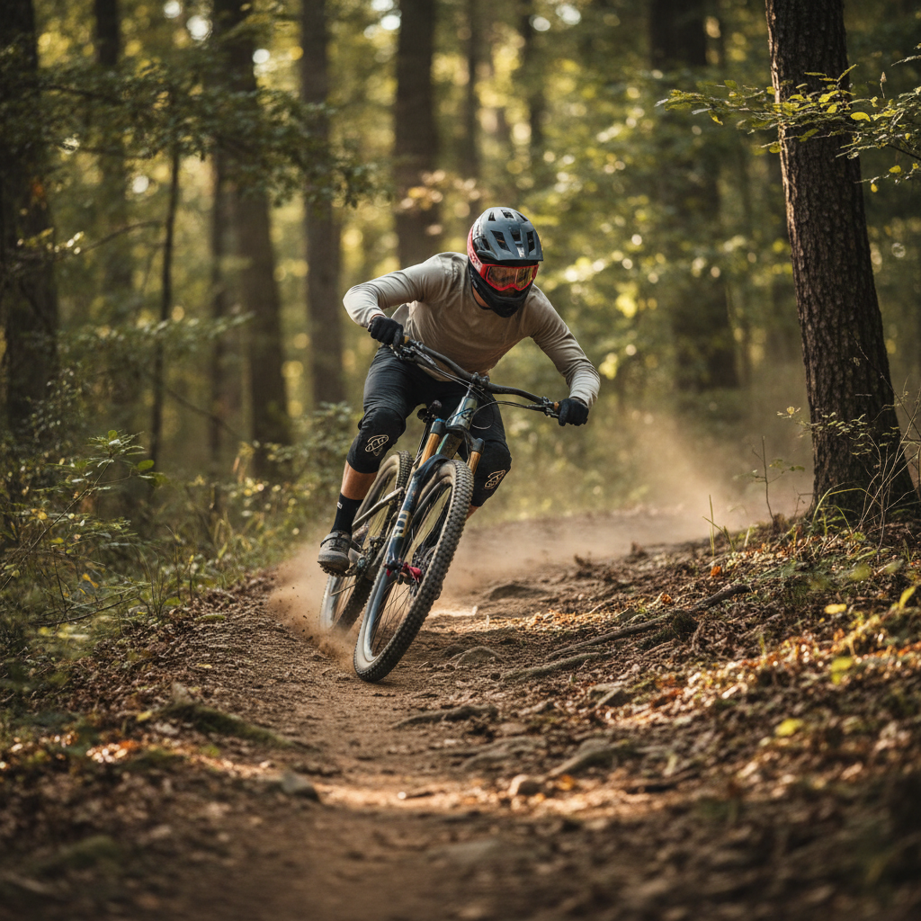 Mountain biker descending a steep downhill trail with correct attack position