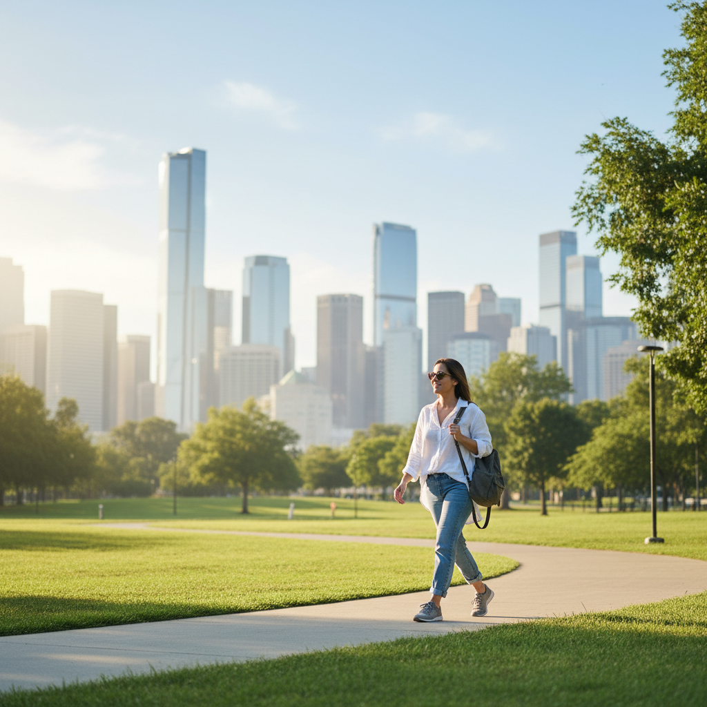 Traveler walking through a city park with comfortable shoes and a small daypack
