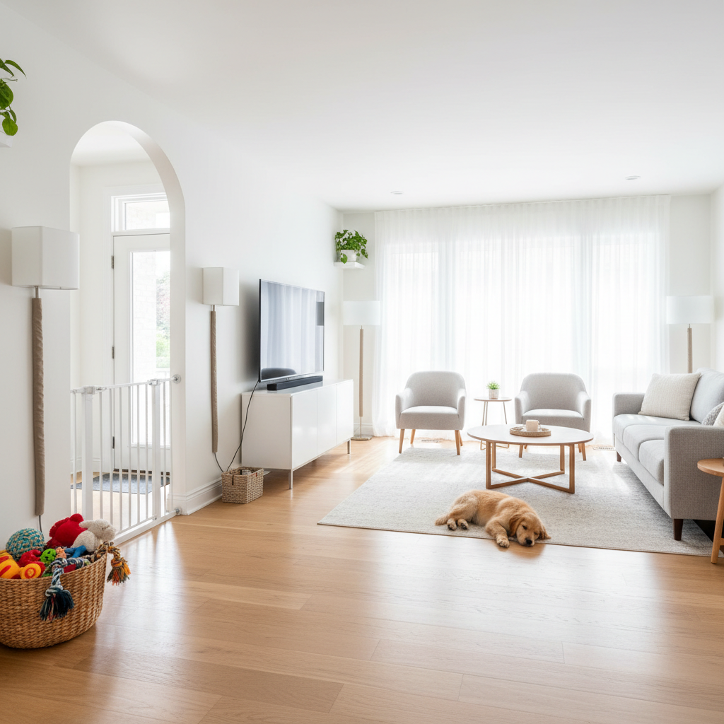 Puppy-proofed home setup with baby gate, chew toys, and cords secured