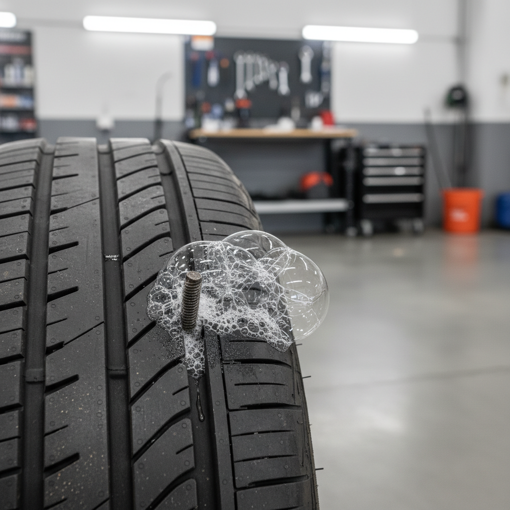 Close-up of a screw puncturing tire tread with soapy water bubbles indicating a leak