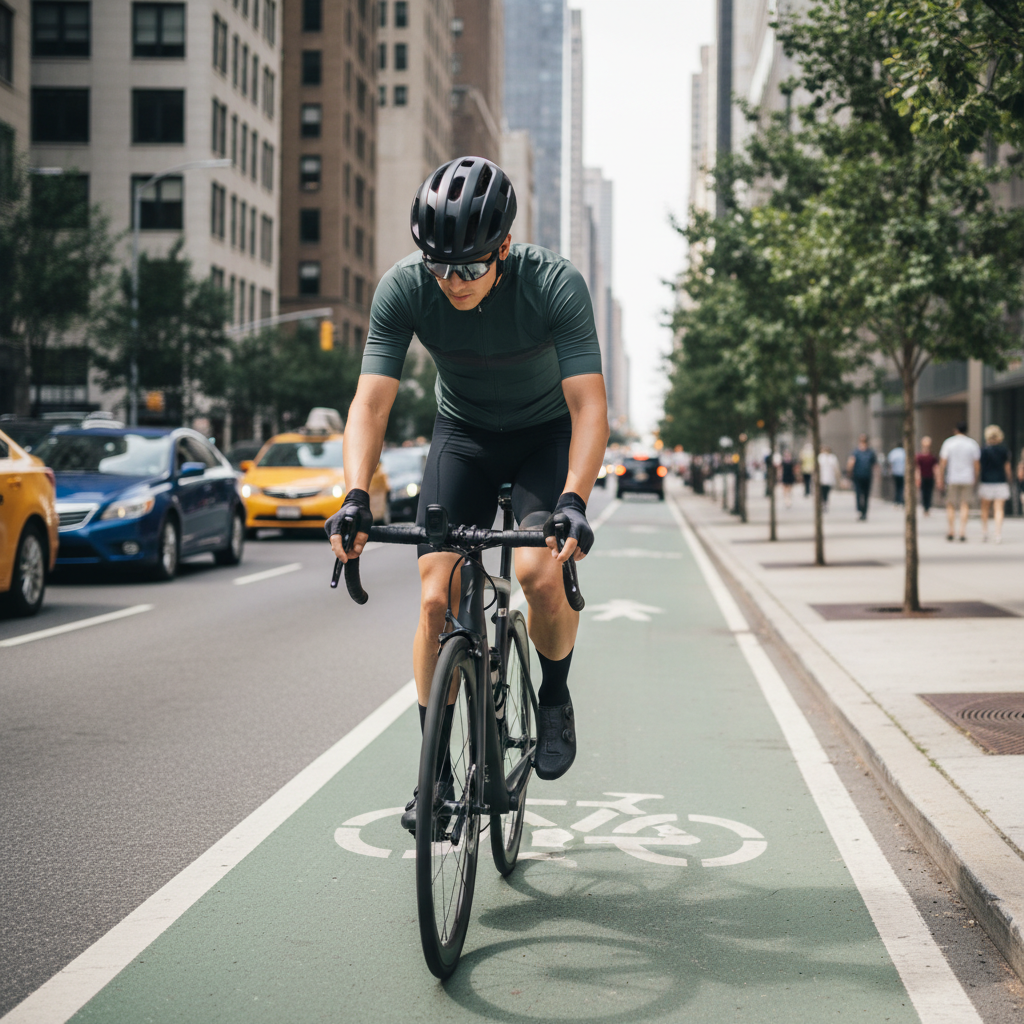 Cyclist using an electric loud bike horn in city traffic
