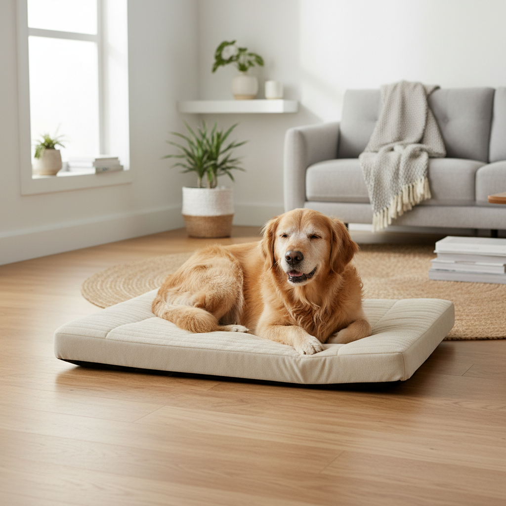 Senior dog with arthritis resting comfortably on an orthopedic bed at home