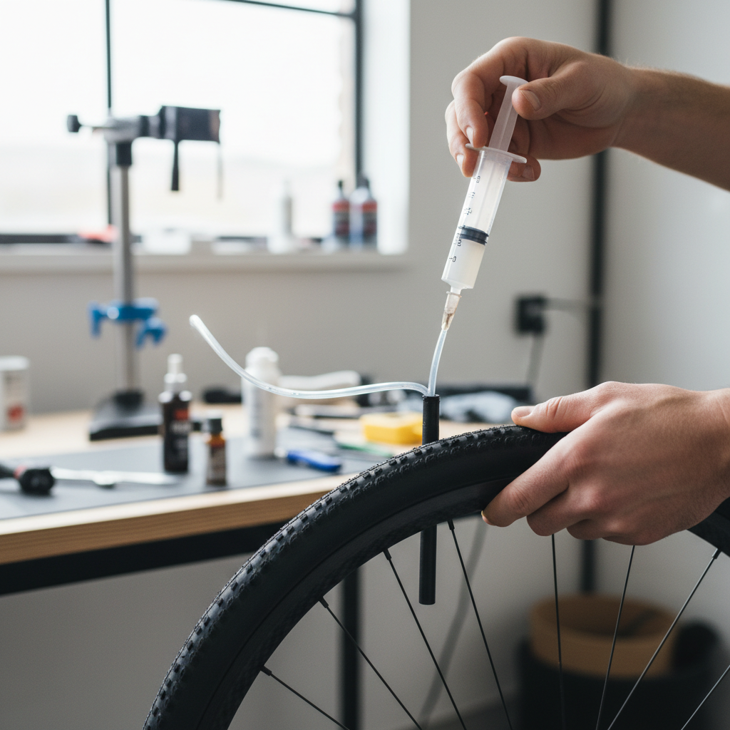 Injecting tubeless sealant through a bike valve with valve core removed