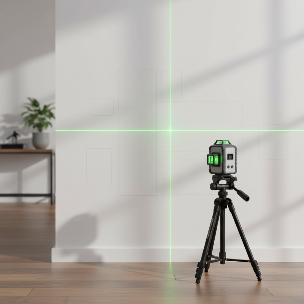 Cross-line laser level projecting a straight line across a wall for a gallery layout