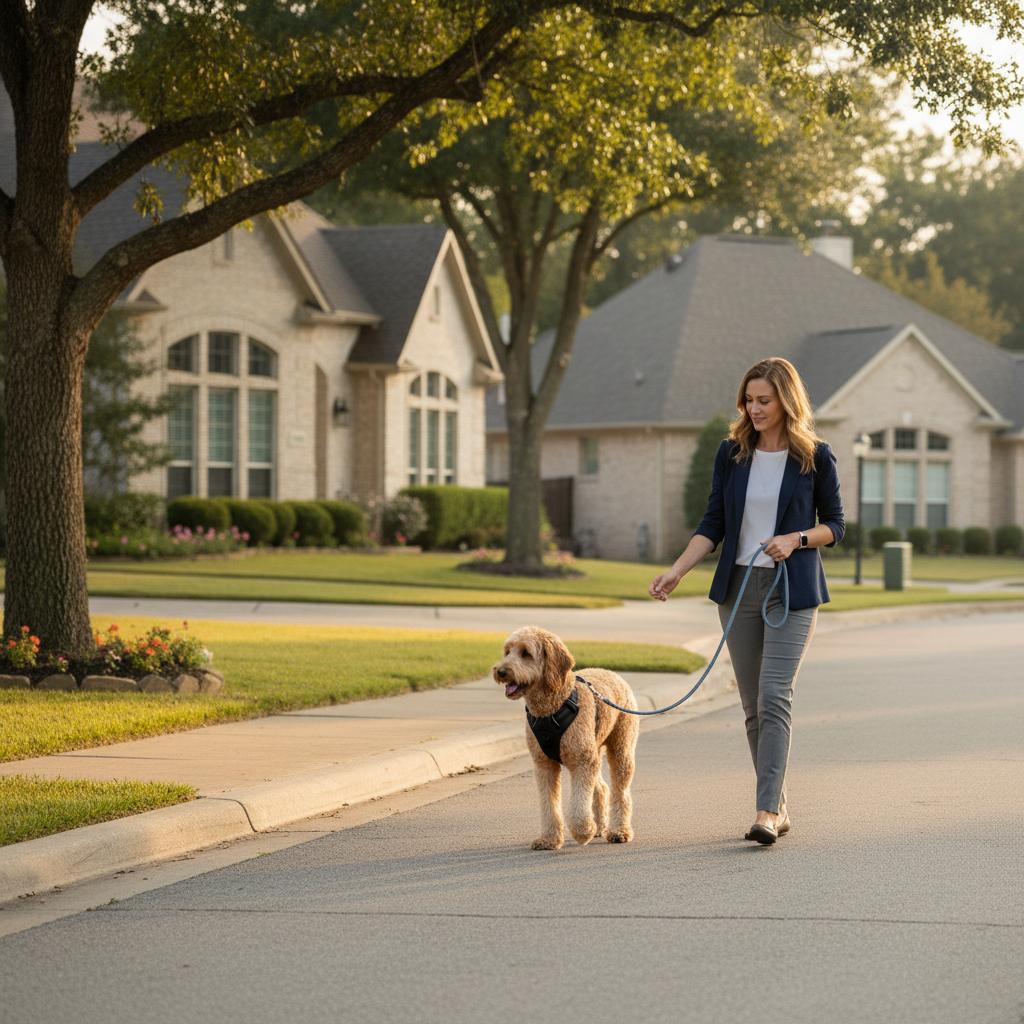 Owner practicing loose-leash walking with dog in a neighborhood