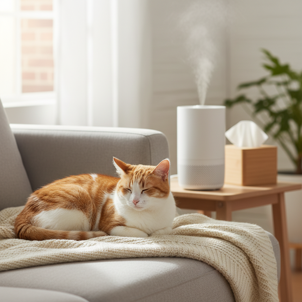 Cat resting comfortably at home with mild cold symptoms