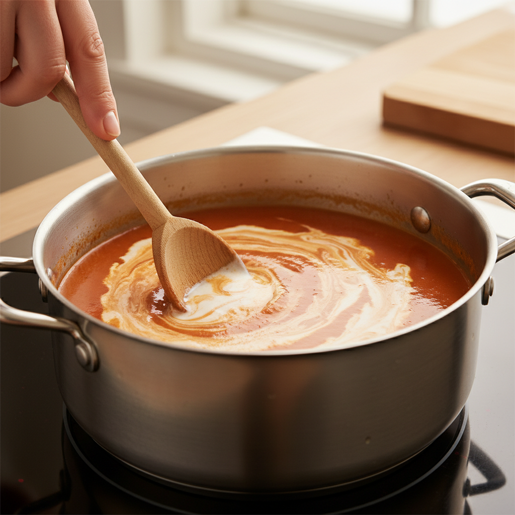 Creamy tomato soup being stirred with cream added for smooth finish