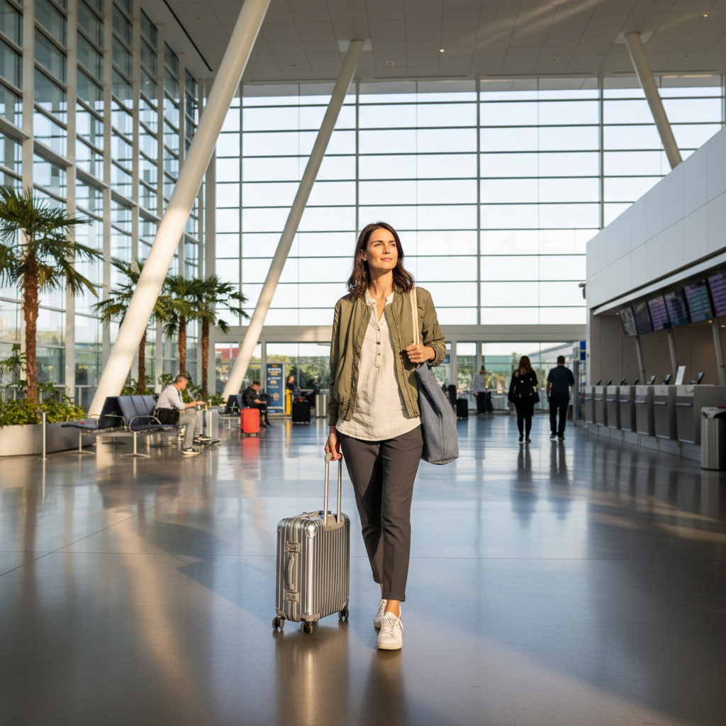 Comfortable airport travel outfit with layers and carry-on bag