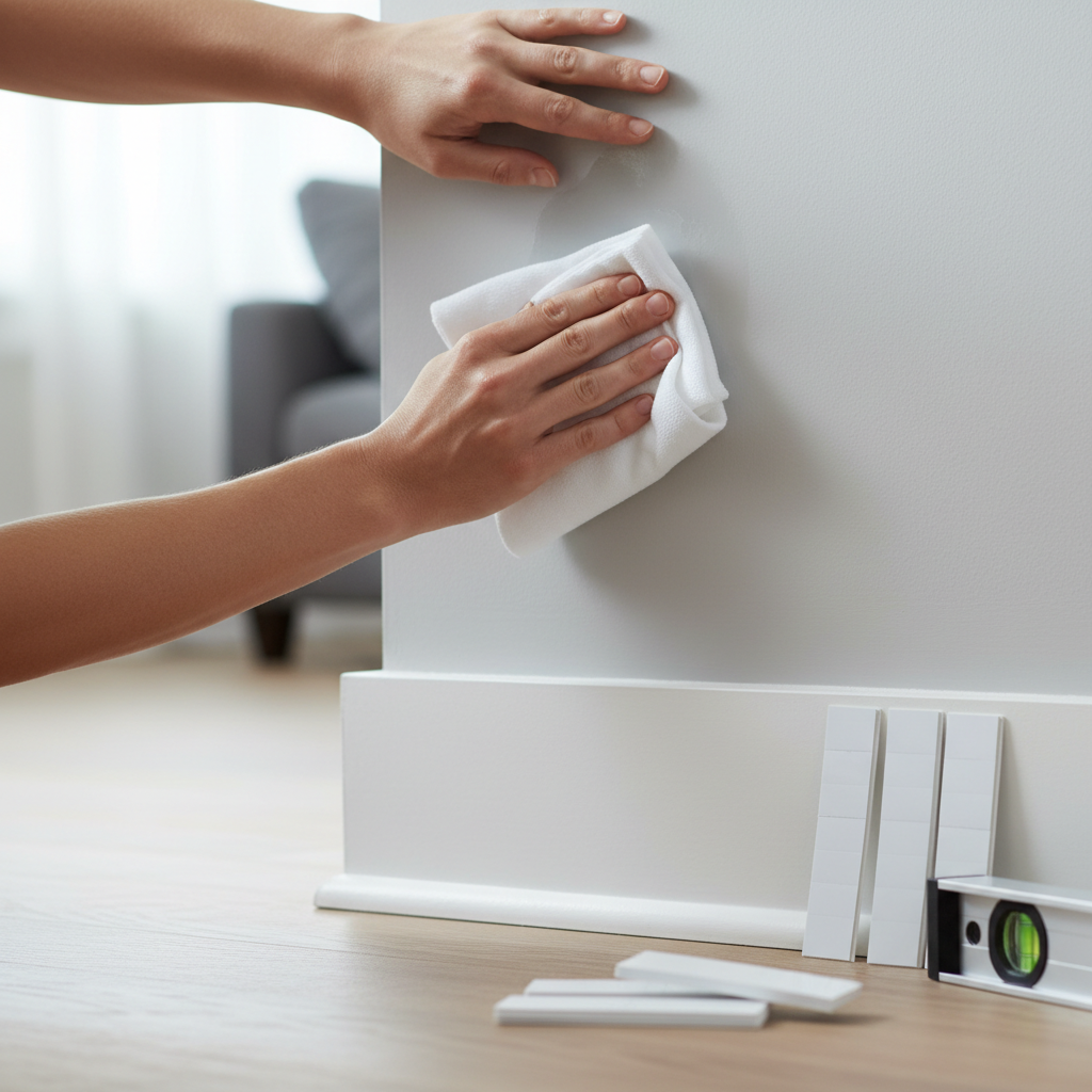 Hands cleaning a painted wall and preparing adhesive hanging strips for frames