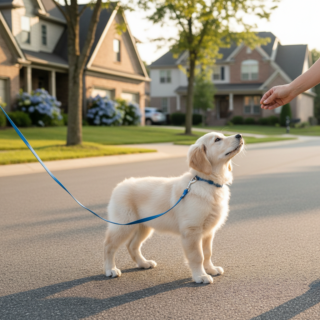 Puppy practicing leash walking on a quiet street with slack leash and treats