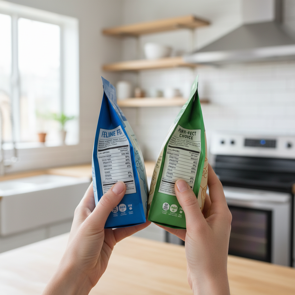 Comparing cat food labels for calories and protein for weight management